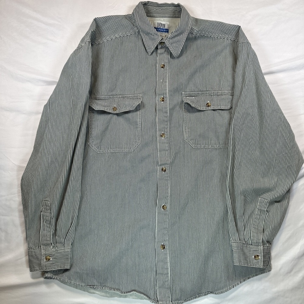 Denim Express Men's Green Striped Shirt Large Cotton Long Sleeve